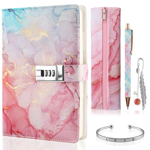 Zosenyer Diário secreto menina 5 peças estojo presente diário com cadeado com marcadores caixa de papelaria caneta pulseira conjunto de papelaria presentes para meninas de 7 8 9 10 11 12 13 14 anos