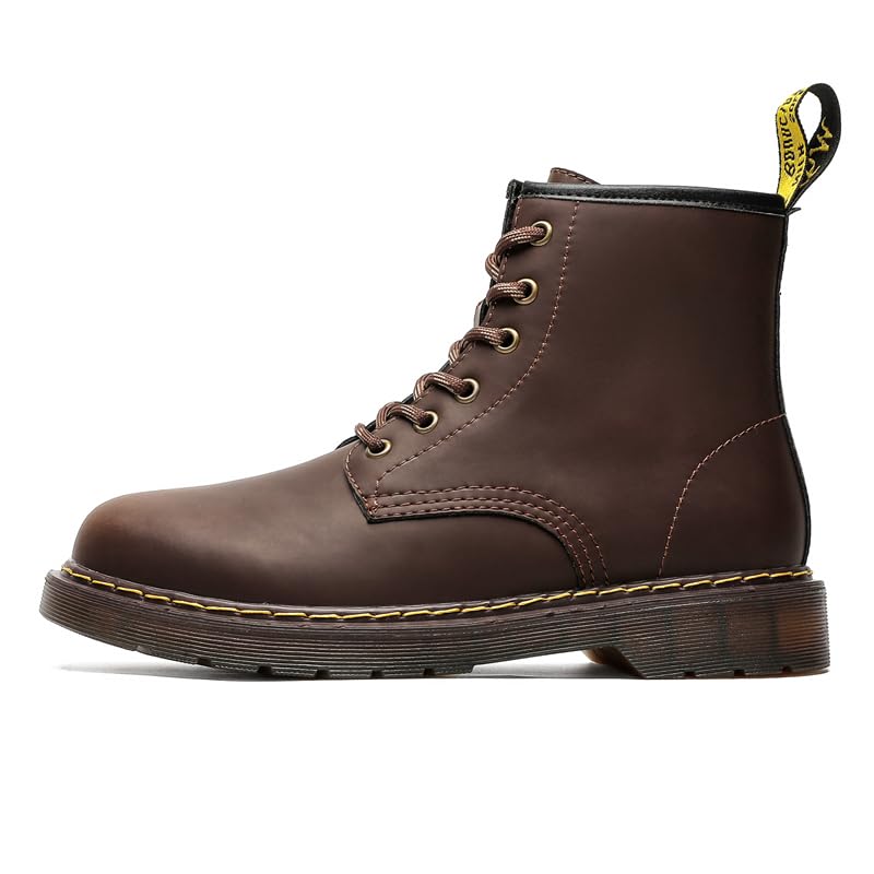 Classic Combat Boots, 8-Eye Lace-Up, Yellow Stitching, Black and Brown