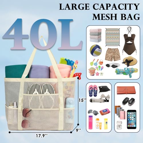Image of Fammart Mesh Beach Bag for Women, Large Beach Toy Pool Bag with Zipper Pocket, SandProof Cruise Essentials 2026 Family Travel