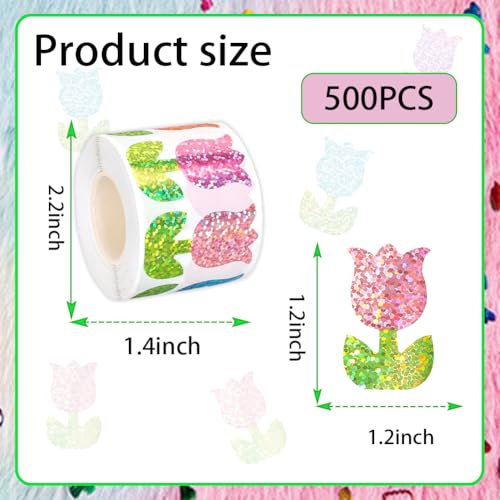 Image of 500Pcs Spring Vinyl Tulip Stickers Roll 1.2in Large Glitter Stickers 6 Colors Flower Label Tag Self-Adhesive Classroom Reward Waterproof Decals for Birthday Envelope Journal Decor