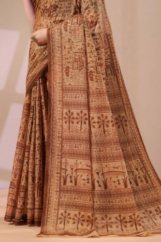 Image of TAMAIRA FASHION Off White Mulmul Pure Cotton Saree For Woman Warli Printed|Office Wear Daily Wear Sarees For Women Without Blouse Piece (Available in 21 Colours)