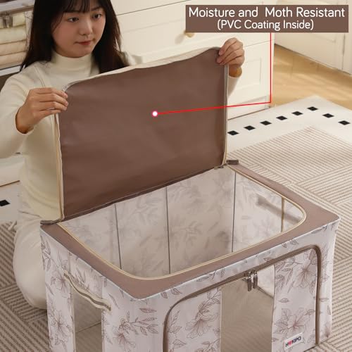 Image of HOKIPO 66L(L) Clothes Storage Box, 600D Oxford Fabric Organiser for Wardrobe, Latte Floral Pack of 2 (AR-6486-LBR*2)