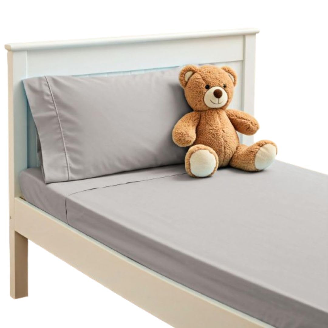 PLAIN PRINTED LINEN 3-Piece Toddler Sheet Set, 100% Cotton Fitted Sheet, Flat Sheet and Envelope Pillowcase, Mini Crib Sheets (Light Grey Solid)