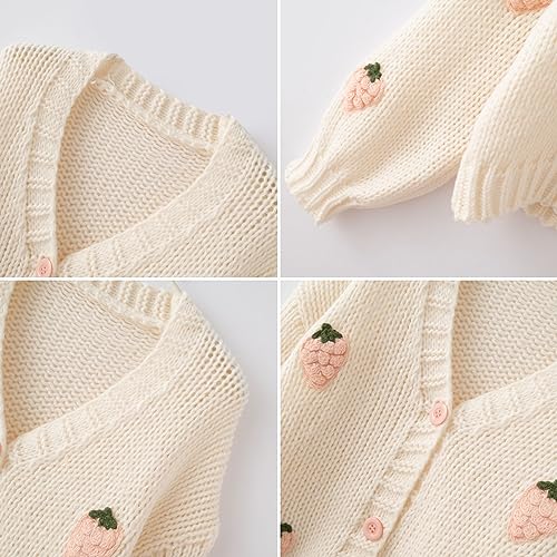 Image of FindThy Women's Kawaii Strawberry Embroidered Cardigan Long Sleeve V Neck Chunky Knitted Cardigans Tops