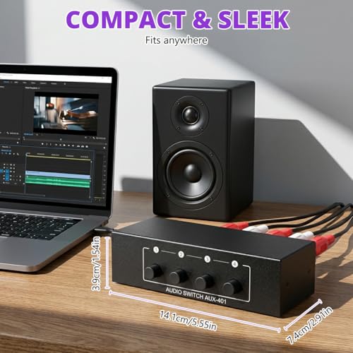 Image of ZORBES 4-Port Audio Switch Box, 4-in-1 Out RCA & 3.5mm Stereo Audio Selector, Aluminum Passive Audio Switcher for Speakers, Audio Devices & Headphones, 15x10x4.8cm