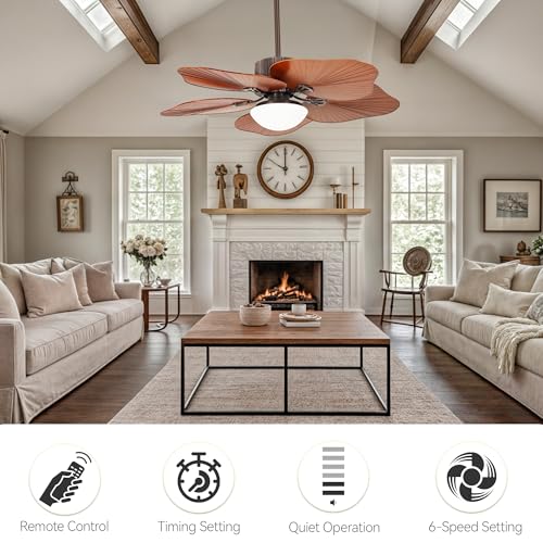 DWVO 46 Inch Ceiling Fan with Lights and Remote, Tropical Palm Leaf Blades Ceiling Fan for Living Room Dining Room Bedroom, Reversible Quiet Motor, 6 Speeds, Dimmable