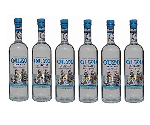 6x feiner Ouzo Loukatos je 700ml 38% Vol. aus Griechenland - griechischer Destillat Likör Tresterbrand Trester Uso Anis Schnaps Patras + 2x Probiersachets Frappe oder Olivenöl