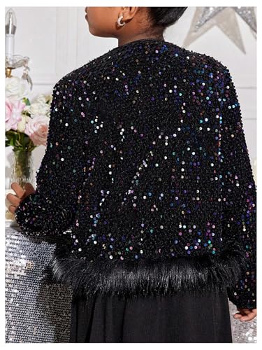 MakeMeChic Girl's Glitter Sequin Contrast Faux Fur Jacket Crew Neck Long Sleeve Button Down Y2K Party Coat3