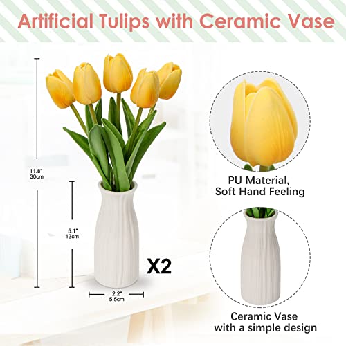 Briful 2 Packs Fake Flowers Artificial Tulips with Ceramic Vase - Image 2