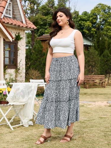 Womens Plus Size Boho Maxi Skirt Floral Tiered Long Flowy Maxi Skirt with Pockets High Waisted Summer Beach Skirt4