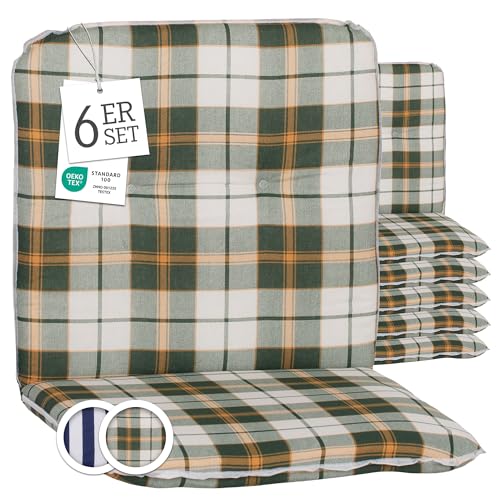 Beo Bali Gartenstuhl-Auflagen Niedriglehner 96x47 cm, 6er Set | Waschbare, UV-beständige Sitz-Kissen | Atmungsaktive Polster-Auflagen nach Öko-Tex Standard | Grün kariert | Made in EU