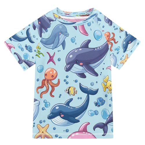 Boys Sun Shirts UV Protection Short Sleeve Rash Guard Swim Shirt Ocean Theme Water Shirt Rashguard 7-8T,116