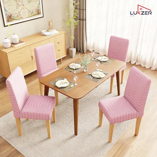 Image of Lukzer Elastic Dining Chair Cover - 6PC Pastel Pink Dotted Stripe | Textured High Stretch Jacquard Seat Cover | Removable Washable Short Dining Chair Cover Protector Seat Slipcover | (CC-068-06)