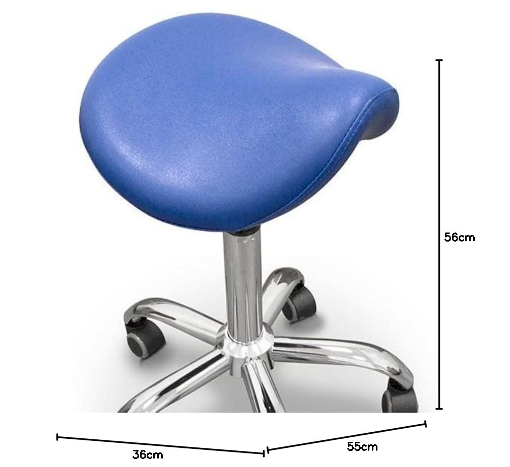 QUIRUMED Taburete Pony, Base cromada con 5 Ruedas, Color Azul, Ergonómico, Ligero, Altura Regulable, Relleno de Alta Densidad, Polipiel, hasta 150 kg