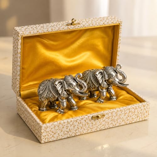 Image of KYAT Pure 999 Fine Silver Kamdhenu Cow with Calf Idol Elephant Pair (Elephant Pair - 2'')