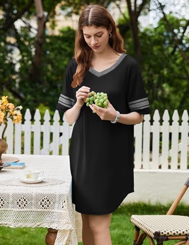 Ekouaer Nightgowns for Women 2 Pack Sleepshirts Short Sleeve Nightshirt V Neck Sleepwear Casual Pajama Dress4