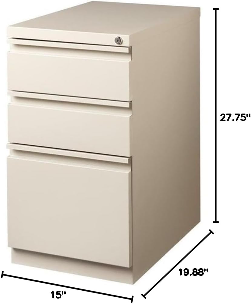 Scranton & Co 3-Drawer Metal Mobile Pedestal Filing Cabinet, 27.75" H x 15" W x 19.88" D, Beige Finish, Lockable, Hidden Casters, Letter-Size Hanging File Storage, Modern Office Furniture