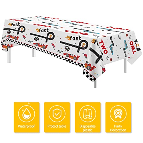Image of Xigejob Race Car Two Fast Birthday Tablecloth Decorations, Disposable Race Car 2nd Birthday Party Table Cover Supplies, 3 Pack, 54in x 108in