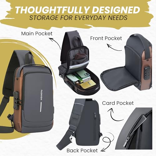 Image of OCEANEVO Stylish Anti Theft Crossbody Sling Bag for Men WITH Luggage Tag, Chest Bag for Travel WITH Lock and USB Charging Port