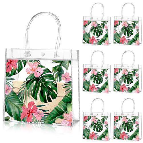 Aliceset 20 Pcs Hawaiian Luau Clear Gift Bags with Handles Summer Tropical Aloha Palm Leaves Goodie PVC Plastic Favor Bags for Summer Party Birthday Party Supplies, 8 x 8 x 3.15 Inch