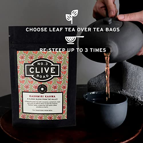 Image of Clive Road Kahwa - 30+ Cups, Premium Tea Pouch, Detox with Iced /Hot Tea, Kashmiri Green Blend 100% Natural Spices ~ Saffron, Cinnamon, Cardamom & Rose Petals, 50 g