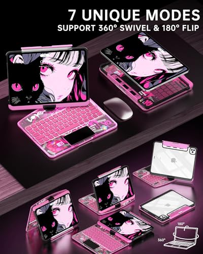 Image of Intermerge for iPad 9th 10.2 inch Keyboard Case, 360 Transparent Multi-Touch Trackpad, 7-Color Backlit Keyboard, Pencil Holder, Type-C, Power Indicator for 9th / 8th / 7th - Blush Pulse