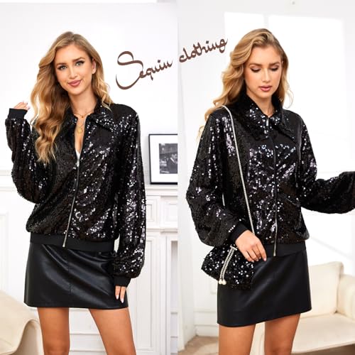Women's Sequin Jacket with Handbags, Long Sleeve Sparkly Jacket Front Zipper with Ribbed Cuffs2