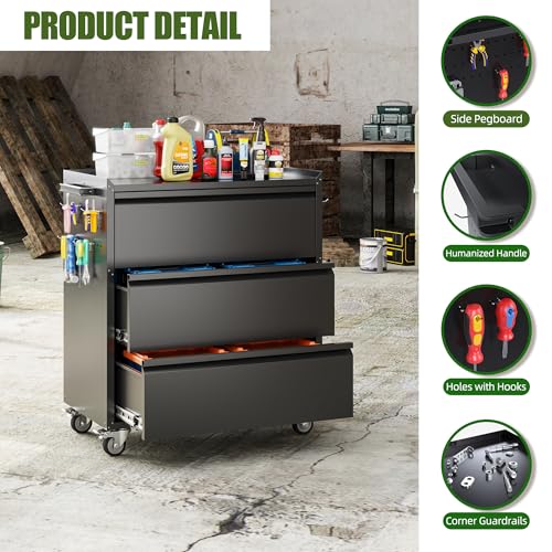 Image of Aobabo Garage Storage Cabinet with 3 Drawers and 4 Hooks,Metal Storage Cabinet with Wheels for Garage Home,Required Assembly,Black,18.11 inch D x 30.3 inch W x 35.4 inch H