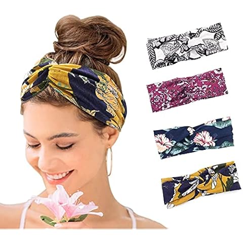 RXDF Headbands for Women, 4 Pack Elastic Soft Bohemian Headband, Head Wraps for Women, Vintage Elastic Boho Floal Style Criss Cross Hair Band Cover