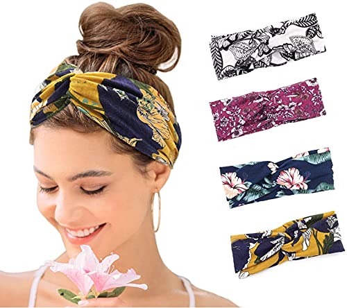 RXDF Headbands for Women, 4 Pack Elastic Soft Bohemian Headband, Head Wraps for Women, Vintage Elastic Boho Floal Style Criss Cross Hair Band