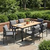 Hassyee 7-Piece Outdoor Dining Set with Acacia Wood Dining Table for Balcony, Backyard, Patio Dining Furniture Set with Comfortable Cushions and Aluminium Frame for Lawn, Poolside (7 PCS Set 4)