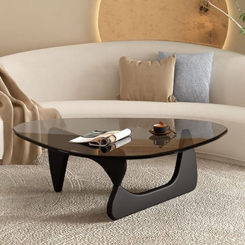 Moderna mesa de centro de cristal con patas de madera para sala de estar, diseño triangular, cristal templado, 91 x 65 x 40 cm