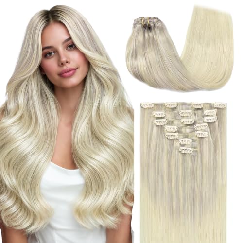 GOO GOO Clip in Hair Extensions Real Human Hair, Remy Human Hair Extensions Clip ins for Women, Natural Human Hair, 14inch 120g 7Pcs, 17/22/60 Balayage Ash Blonde to Golden Blonde and Platinum Blonde