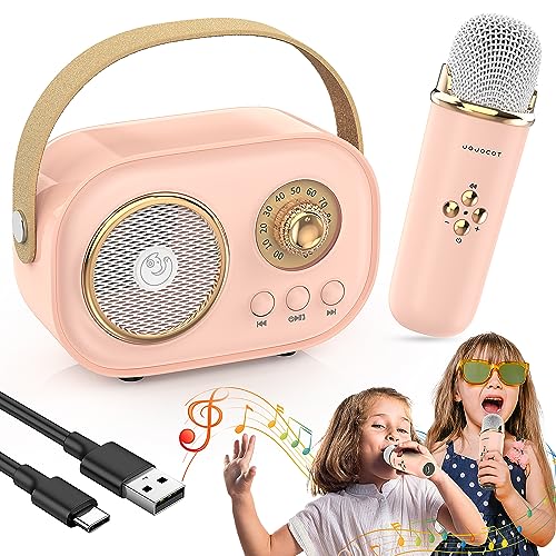 Mini Karaoke Machine for Kids Adults, HUIJUTCHEN Retro Portable Karaoke Machine with Wireless Microphone, Bluetooth Portable Karaoke Machine for Girls Boys Family Party Birthday Singing Meeting (Pink)
