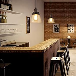 Rustic glass pendant light with handblown clear seeded glass shade one light adjustable industrial cone mini pendant lighting fixture for kitchen island cafe bar farmhouse oil rubbed bronze  urban country home decor