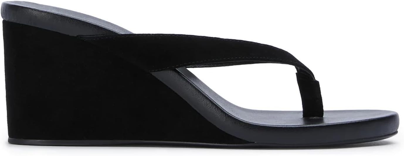 Suede Wedge Flip Flops for Women Open Round Toe Comfort Arch Support Slip On High Heel Thong Sandals for Summer Fashion Travel Vacation Party Date Slides