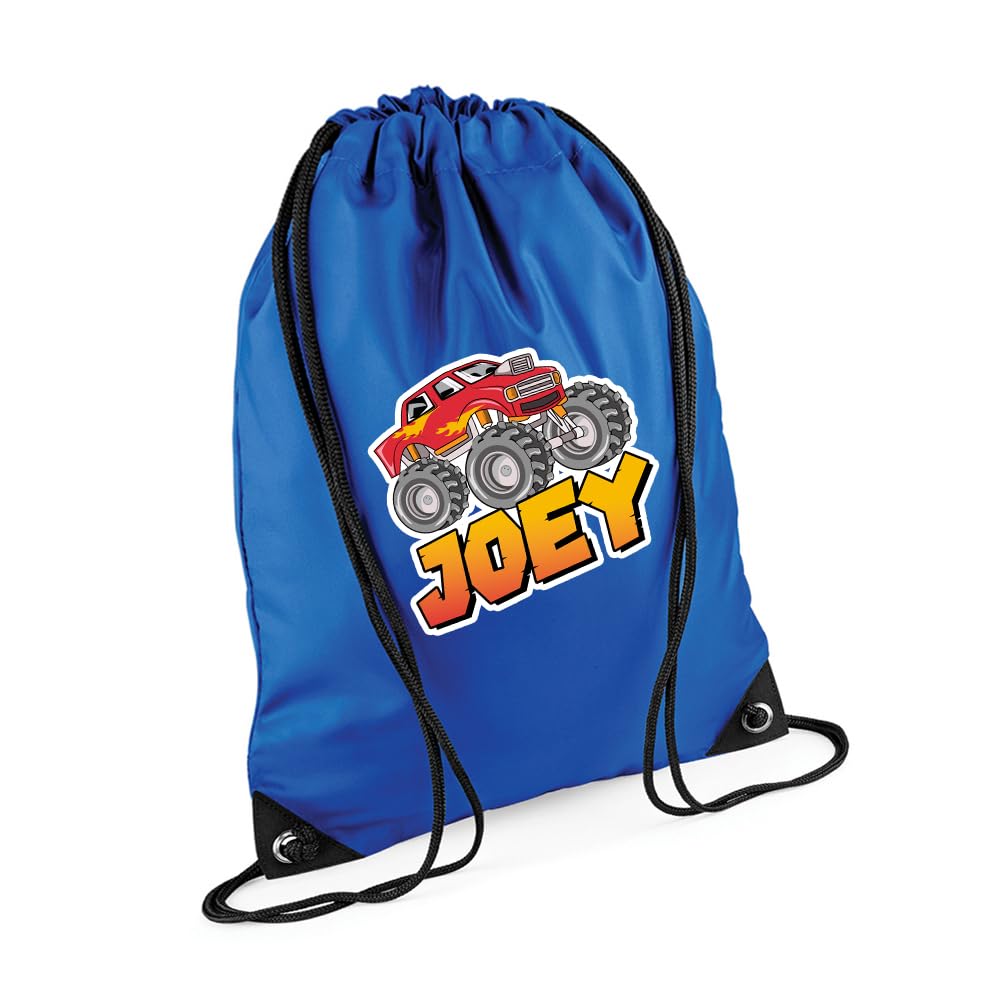 Getagift Personalised Monster Truck Gift – Custom Name Design, Ideal for Boys, PE Gym Kit Swimming, Sport Rucksack. (Bright Royal)