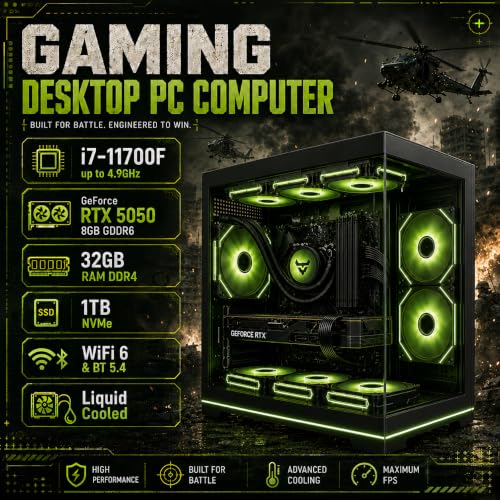 Image of Gaming PC Desktop Computer i7 11700F up to 4.9GHz, RTX 5050 8GB GDDR6 | 32GB RAM, 1TB NVMe SSD, WiFi 6 & BT 5.4, Liquid Cooled, 9x ARGB Fans, Windows 11, RGB Keyboard & Mouse