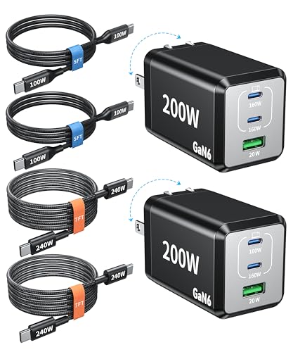 Image of 2 Pack 200W Compact USB C Charger Block Charging Station Fast Chager 3 Port Up to 140W Single‑Port Charging,for MacBook Pro,Laptop,iPhone 17 /16 /15 Series Samsung S26(Included 4 Pack 240W 7FT Cable)
