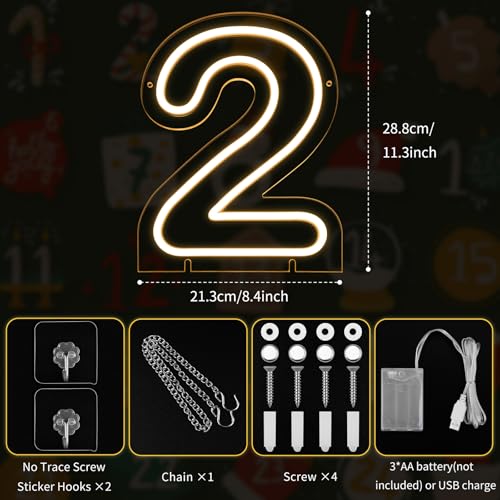Image of Number 2 LED Neon Sign Backdrop Birthday Party Decoration, 11.3 inch Height Warm White Marquee Number Two Light Up Sign for Wedding Anniversary Window Wall Table, Indoor Battery Operated or USB