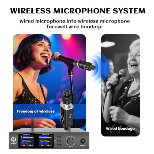 Sistema inalámbrico de micrófono UHF: 1 transmisor y 2 receptores, con ganancia de audio integrada y conmutación de alimentación fantasma 48V/0V. Compatible con micrófonos dinámicos y de condensador. miniatura 6