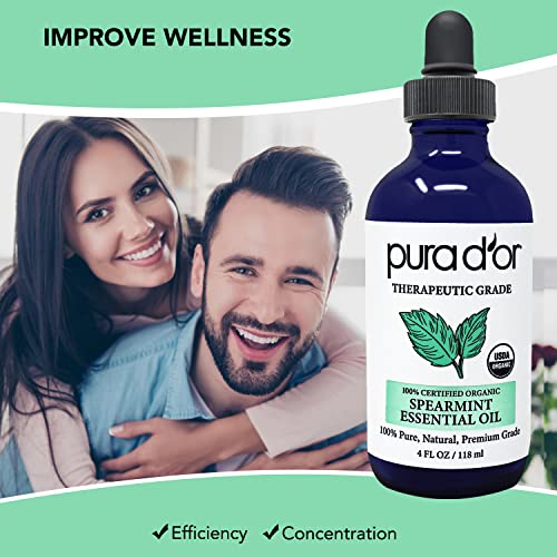 Pura D'or Organic Spearmint Essential Oil (4Oz With Glass Dropper) 100% Pure & Natural Therapeutic Grade For Hair, Body, Skin, Aromatherapy Diffuser, Relaxation, Massage, Mood, Focus, Home, Diy Soap #TOP1
