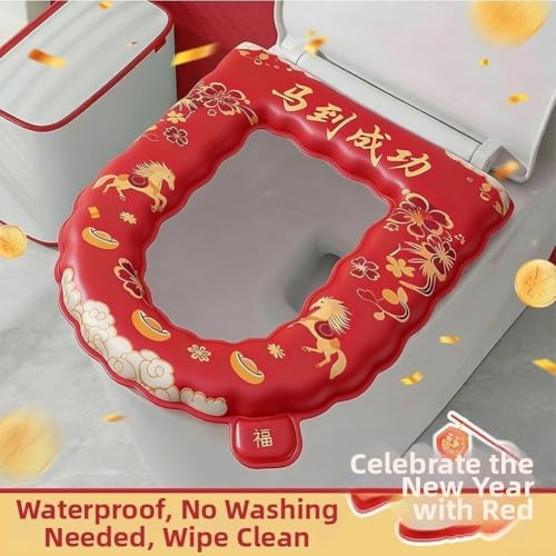 Toilet Seat Cover Waterproof Eva Standard Non Slip Bathroom Mat Soft Warm Clean Sticky Backing Fit Red 37x42cm Decor(F) - 2