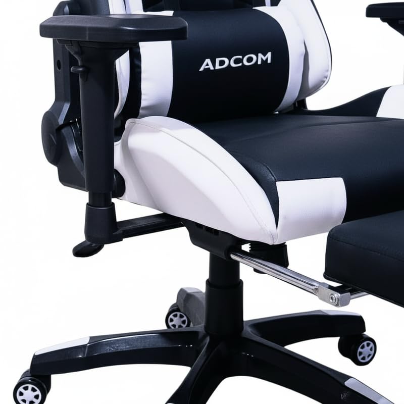 Image of Adcom Mutant Pro Adjustable Gaming Chair, PU Leather, 180 Recline, Ergonomic Neck & Lumbar Support, 4D Armrests with Footrest (Black & White)