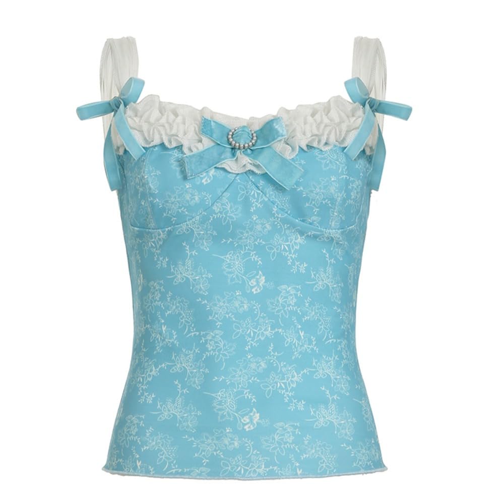 Retro Kawaii French Ribboned Bow Lace-Trimmed Blue Y2K Scene Shirt Fairy Grunge Style Camisole with Floral Skirt Set