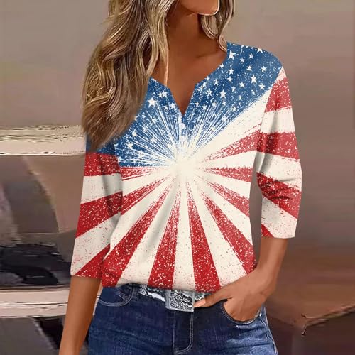 Image of 4th of July Shirts Women 3 /4 Length Sleeve Womens Tops Henley Neck Casual Patriotic T Shirts