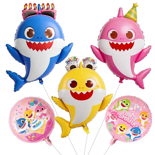 Image of PartyWoo Baby Shark Family Foil Balloons 5pcs Baby Shark Family Pink Round Mylar Helium Balloons for Boys and Girls Birthday Decorations Under the Sea Ocean Theme Kids Birthday Party Decorations