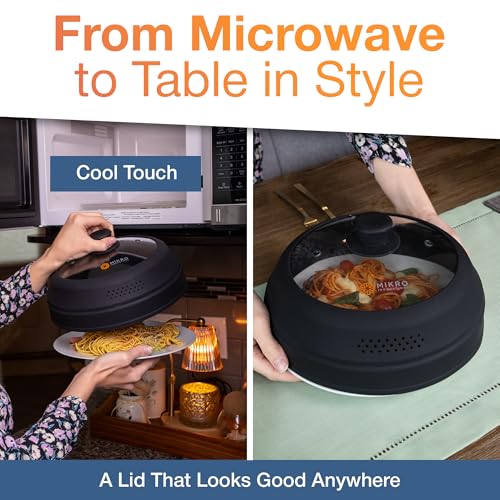 Image of Mikro Innovations Glass & Silicone Microwave Splatter Cover - Tall and Collapsible Design that fits 6-10.5in Plates and Bowls - Space Saving, BPA Free & Dishwasher Safe (1, Black, large)