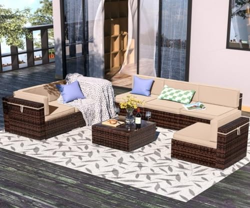Image of 6 Seater Sofa Patio Furniture Sets, Modular Rattan Outdoor Patio Sectional Furniture Sofa Set, Wicker Patio Conversation Set for Backyard, Deck, Poolside Table with Glass Coffee Table, (Beige)