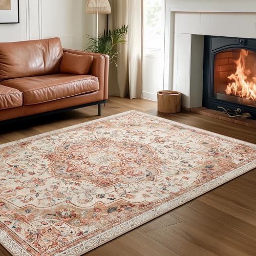 SONGMICS Home Alfombra, Alfombra Antideslizante 120 x 170 cm para Dormitorio, Estilo Tradicional Vintage, Adorno para Salón, Cocina, Entrada, Comedor, Lavable a Máquina, Beige Capuchino TAR032K01
